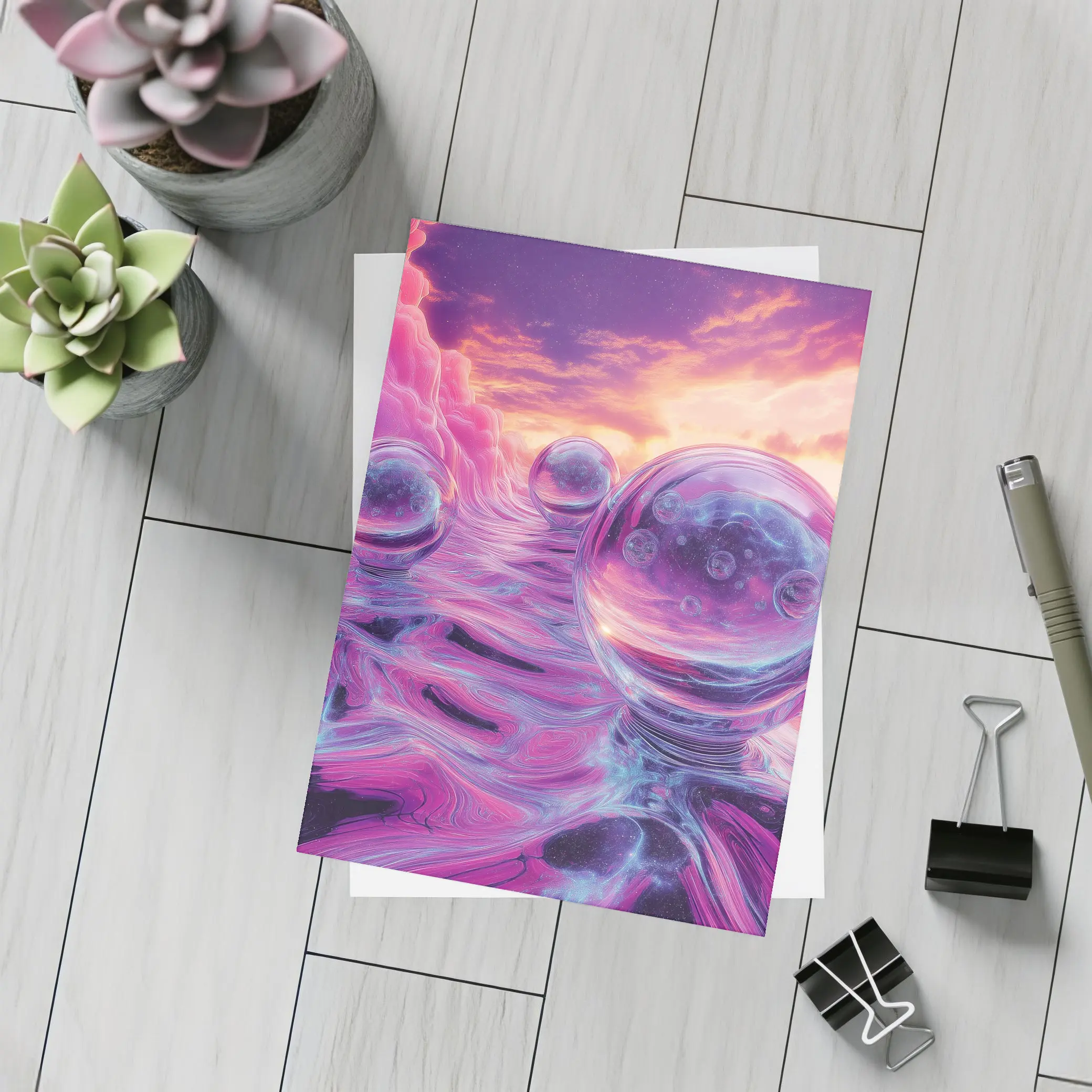 Glass Orbs Floating Over Purple Surreal Landscape – Postcards