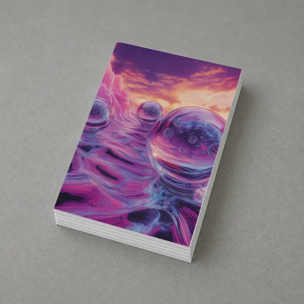 Glass Orbs Floating Over Purple Surreal Landscape – Postcards