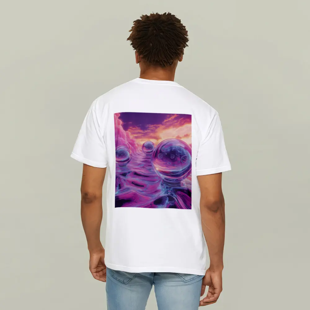 Glass Orbs Floating Over Purple Surreal Landscape – T-Shirts
