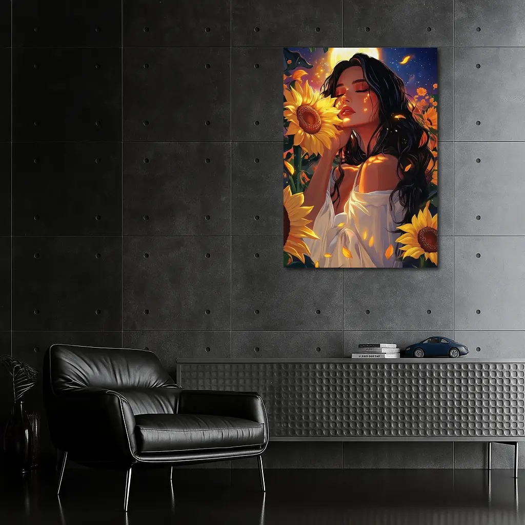 Woman Among Sunflowers Under Full Moon – Wall Art