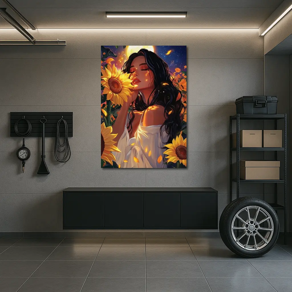 Woman Among Sunflowers Under Full Moon – Wall Art
