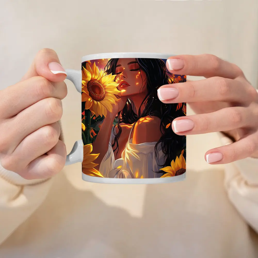 Woman Among Sunflowers Under Full Moon – Mugs