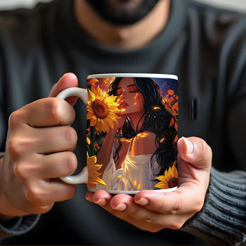 Woman Among Sunflowers Under Full Moon – Mugs