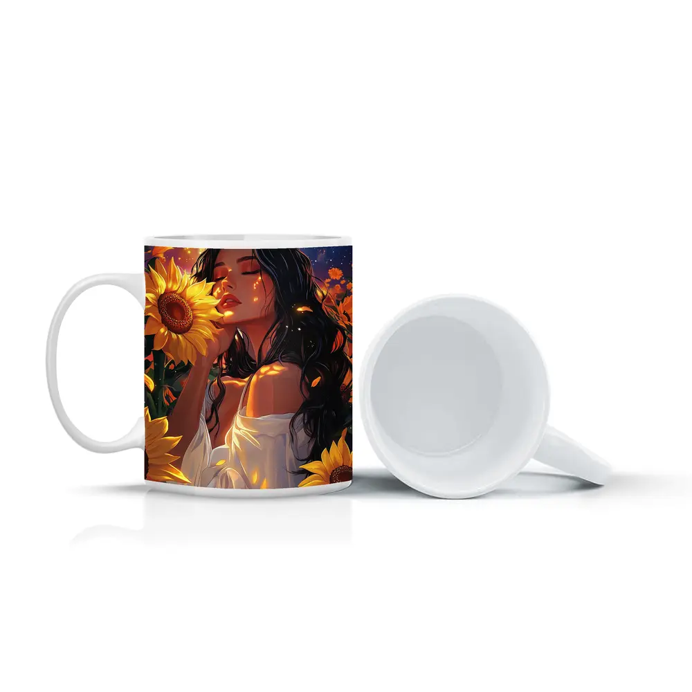 Woman Among Sunflowers Under Full Moon – Mugs