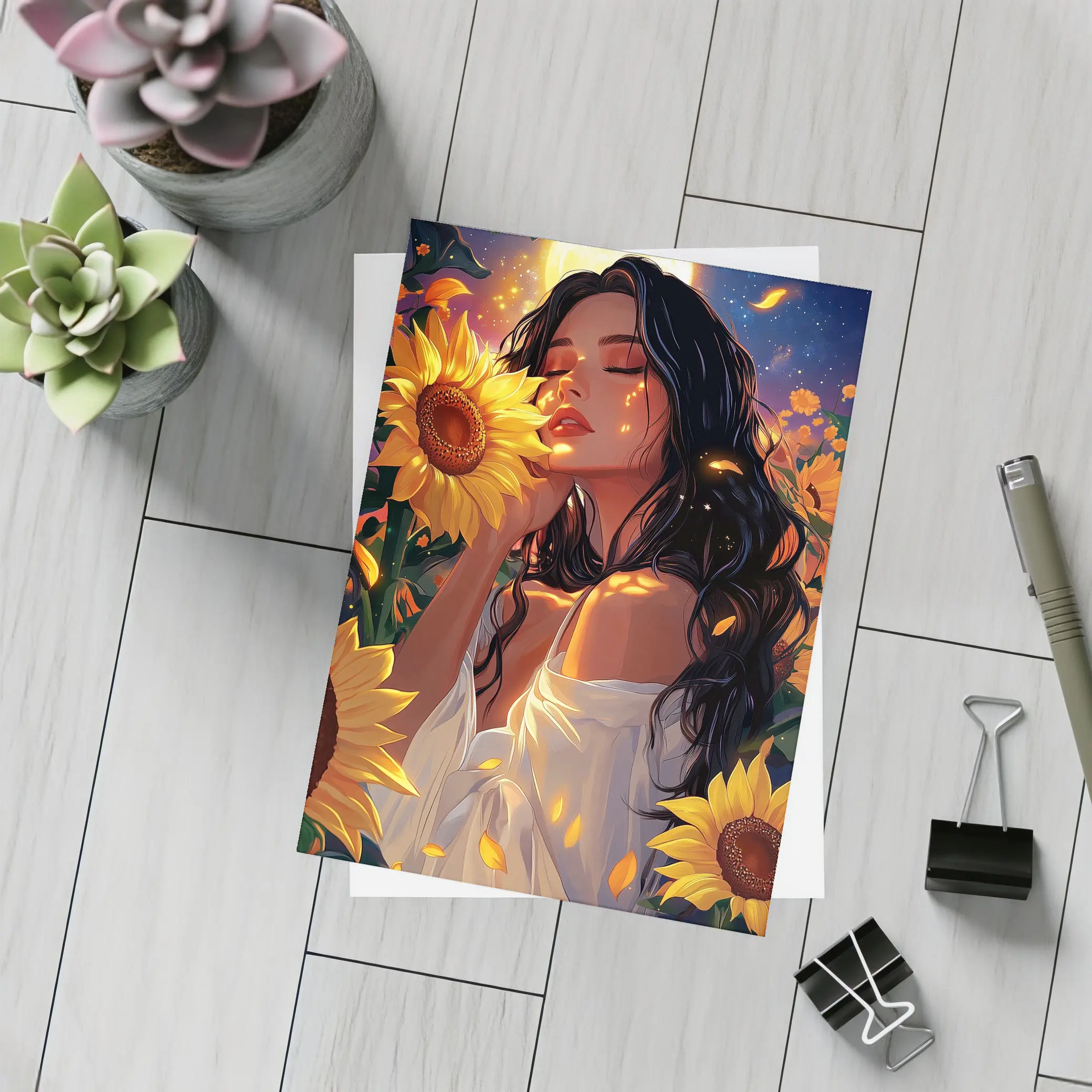 Woman Among Sunflowers Under Full Moon – Postcards