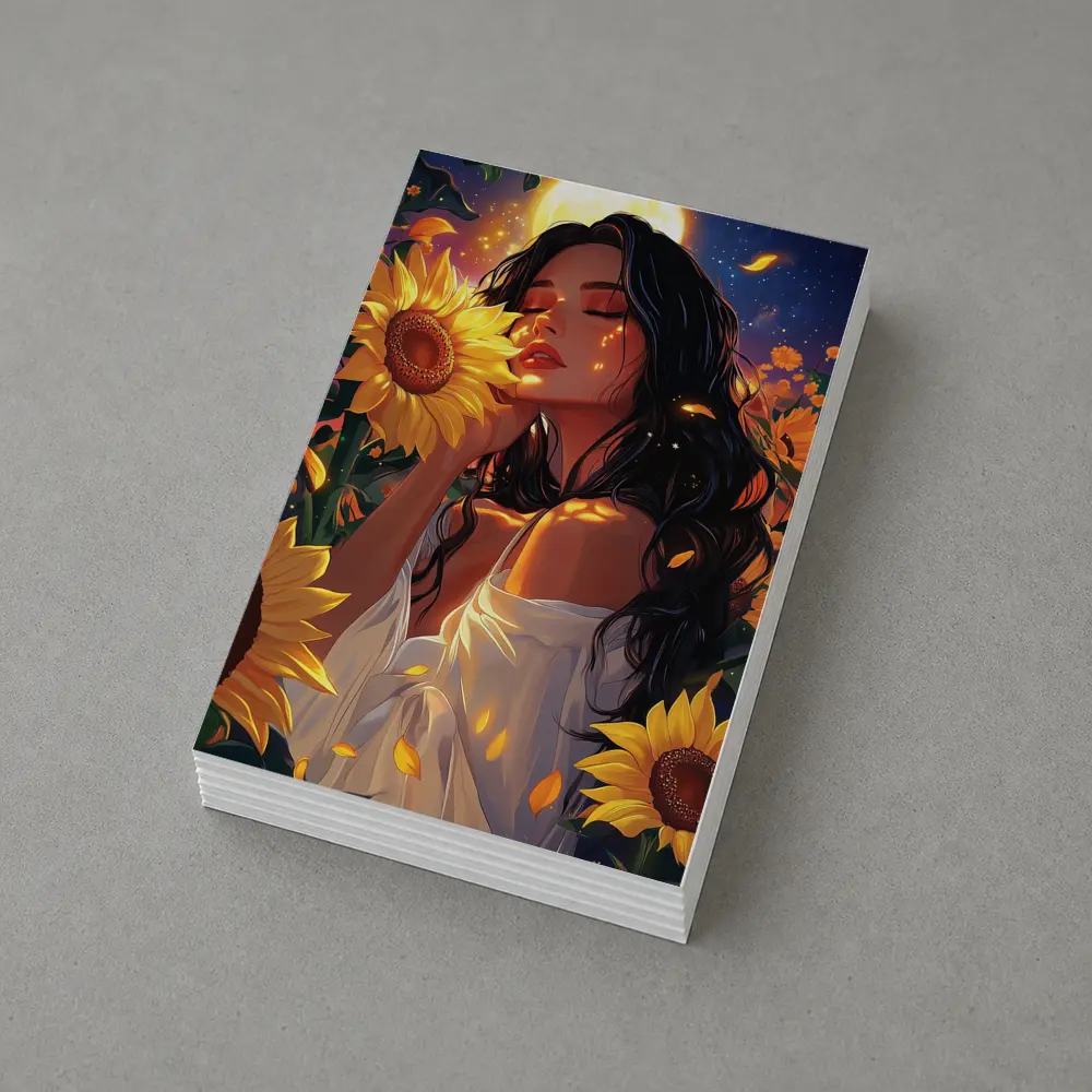 Woman Among Sunflowers Under Full Moon – Postcards