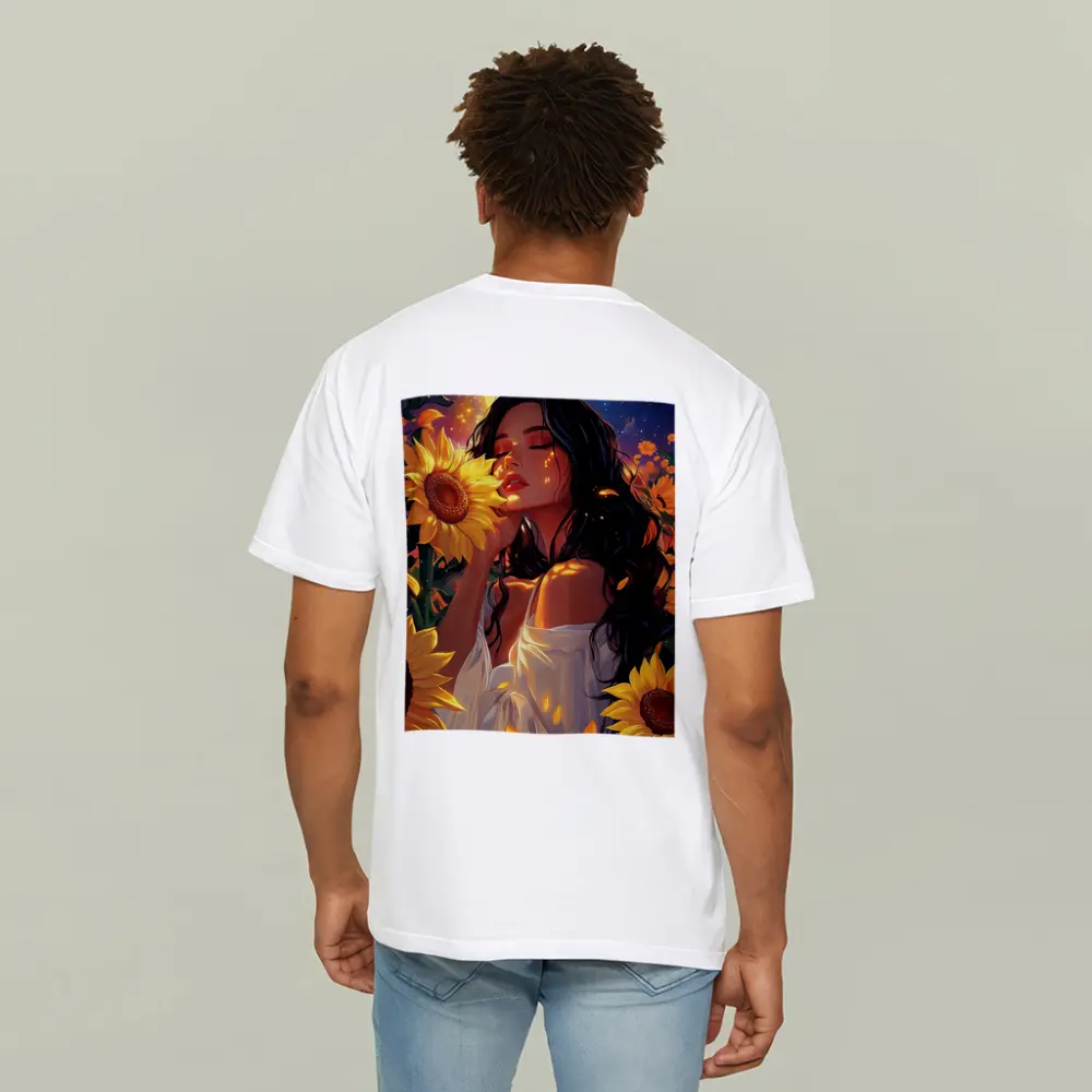 Woman Among Sunflowers Under Full Moon – T-Shirts