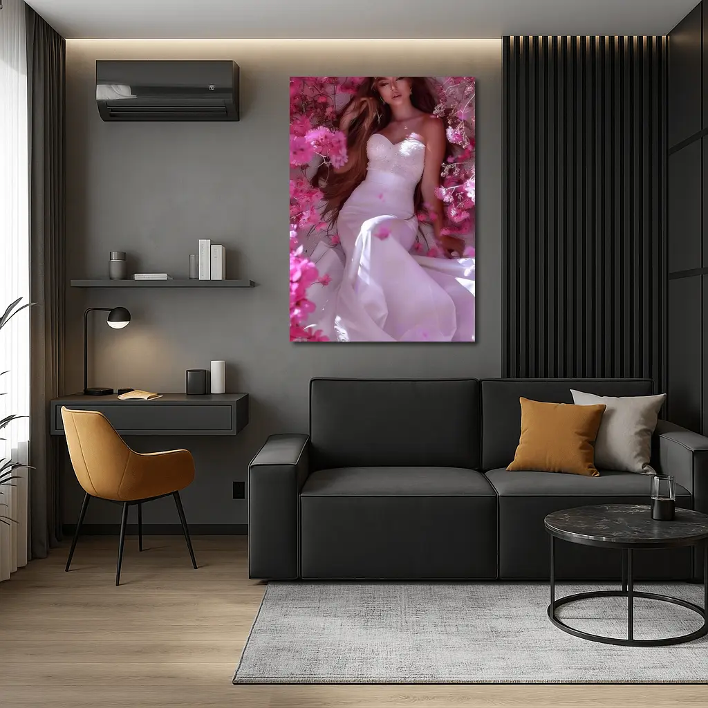 Woman in White Dress Pink Blossom Garden – Wall Art