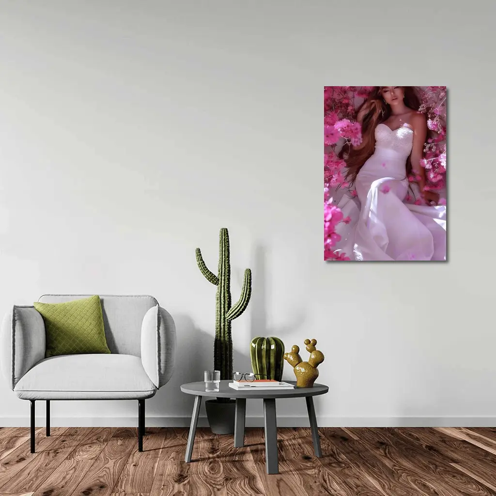 Woman in White Dress Pink Blossom Garden – Wall Art