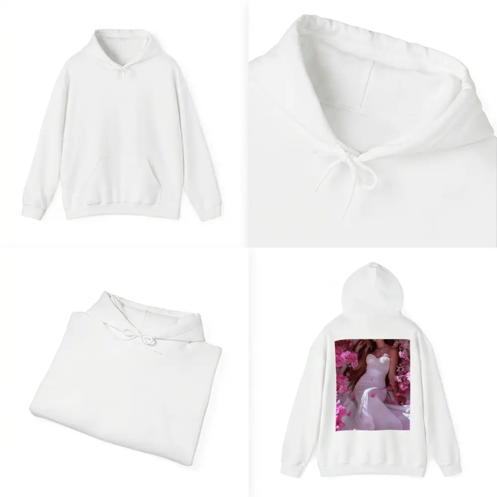 Woman in White Dress Pink Blossom Garden – Hoodies