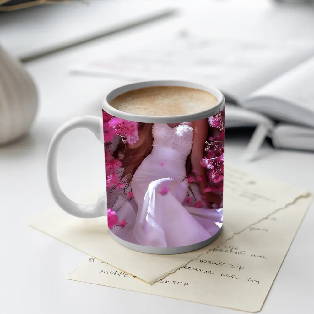 Woman in White Dress Pink Blossom Garden – Mugs