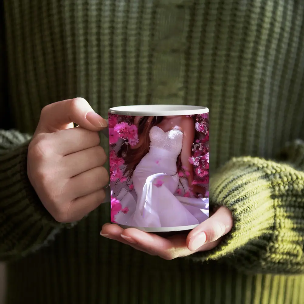 Woman in White Dress Pink Blossom Garden – Mugs