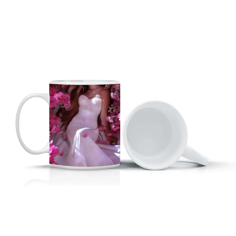 Woman in White Dress Pink Blossom Garden – Mugs