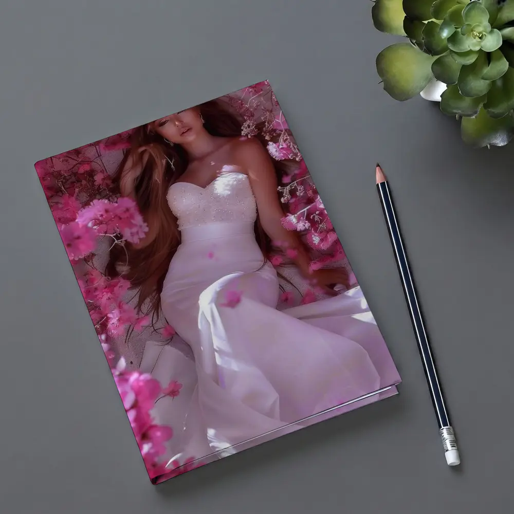 Woman in White Dress Pink Blossom Garden – Notebooks