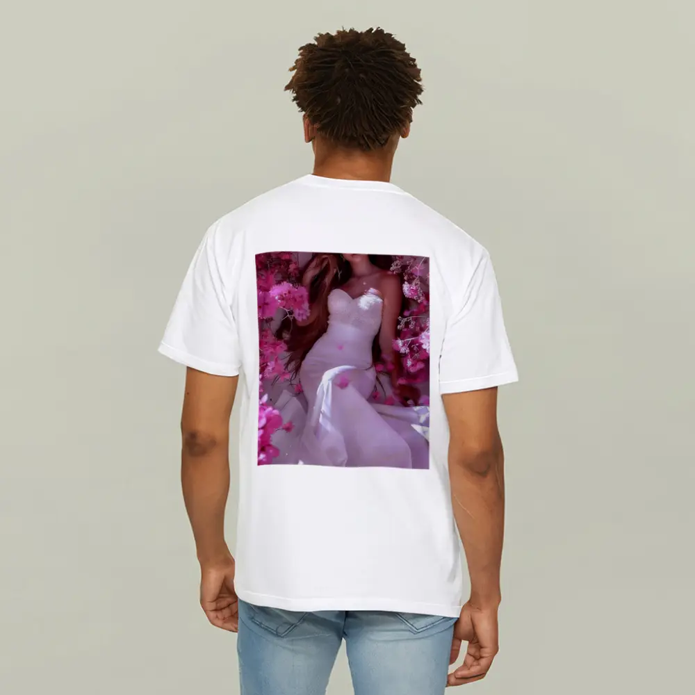 Woman in White Dress Pink Blossom Garden – T-Shirts