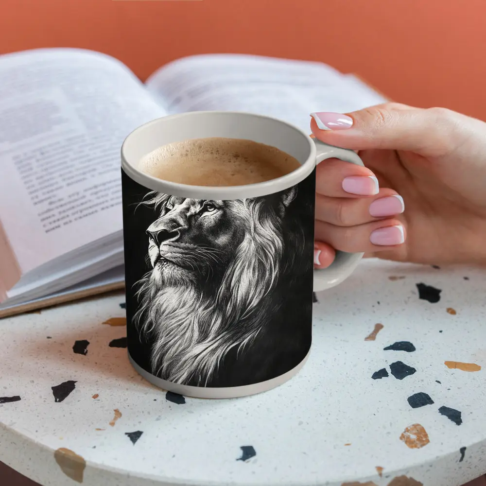 Lion Portrait Black and White Pencil Drawing – Mugs