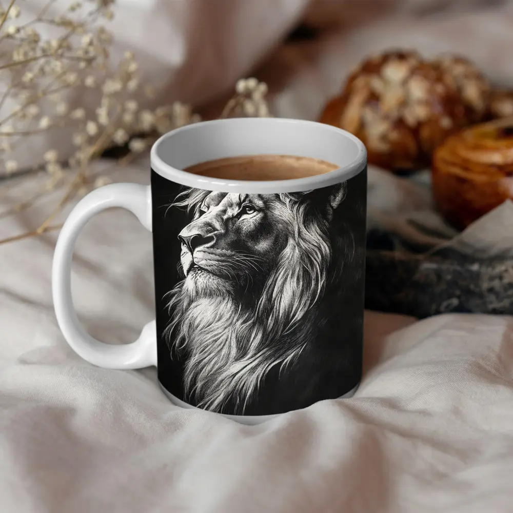 Lion Portrait Black and White Pencil Drawing – Mugs