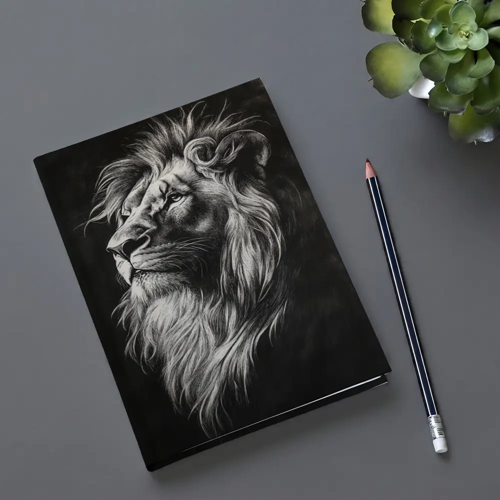 Lion Portrait Black and White Pencil Drawing – Notebooks