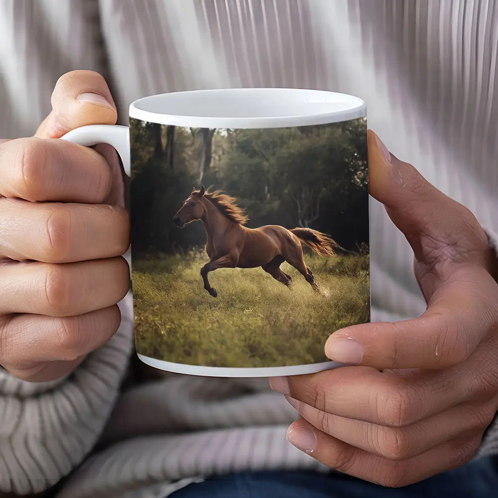 Chestnut Horse Galloping Through Green Meadow – Mugs
