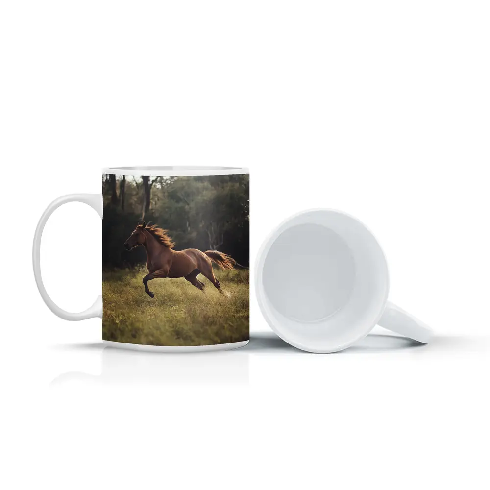 Chestnut Horse Galloping Through Green Meadow – Mugs