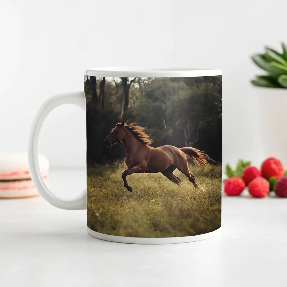 Chestnut Horse Galloping Through Green Meadow – Mugs