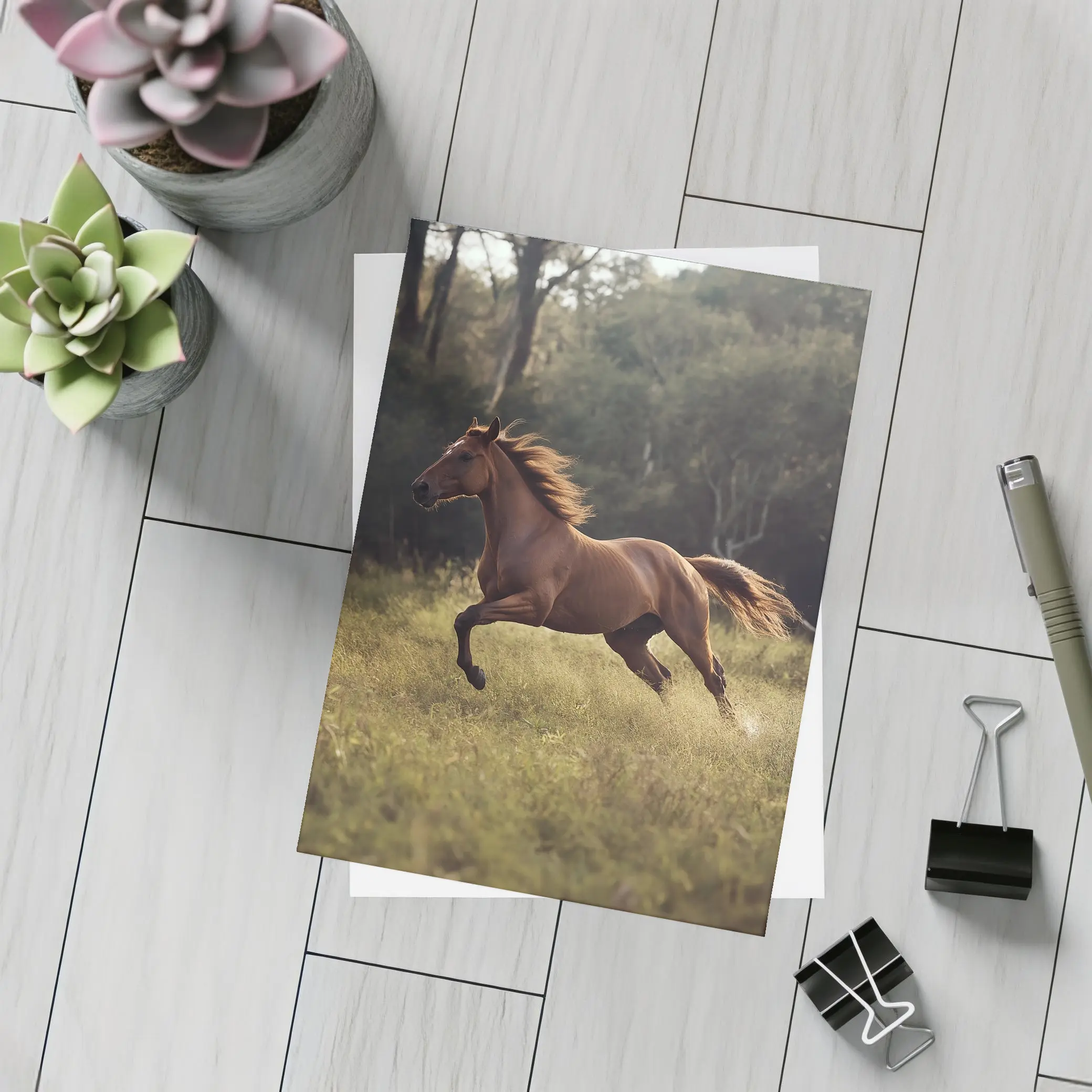 Chestnut Horse Galloping Through Green Meadow – Postcards