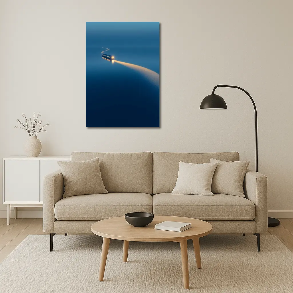 Surreal Train Crossing Calm Blue Water – Wall Art