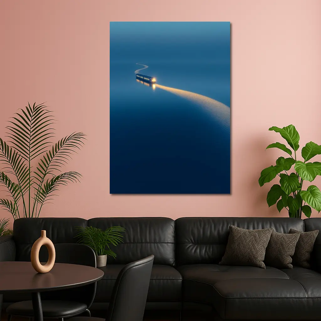 Surreal Train Crossing Calm Blue Water – Wall Art