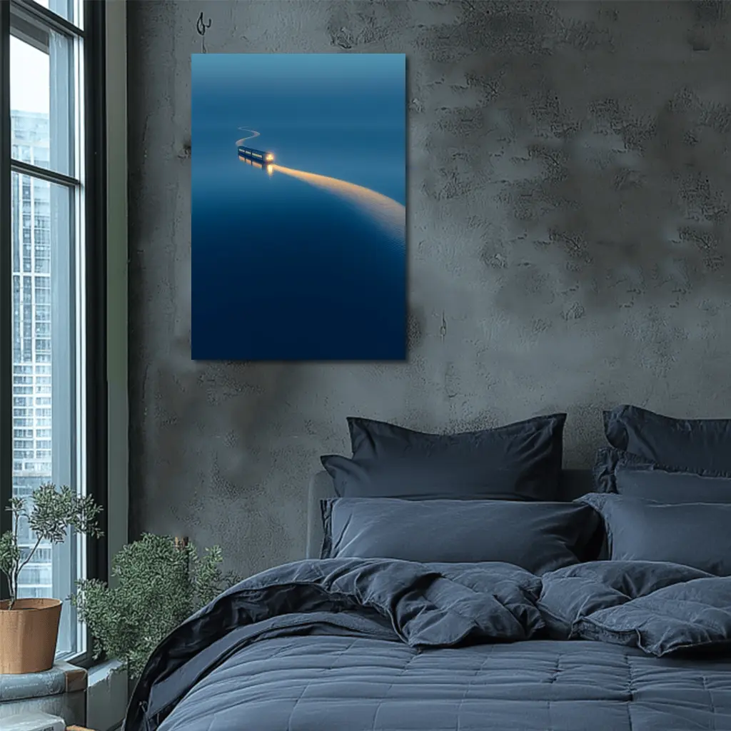Surreal Train Crossing Calm Blue Water – Wall Art