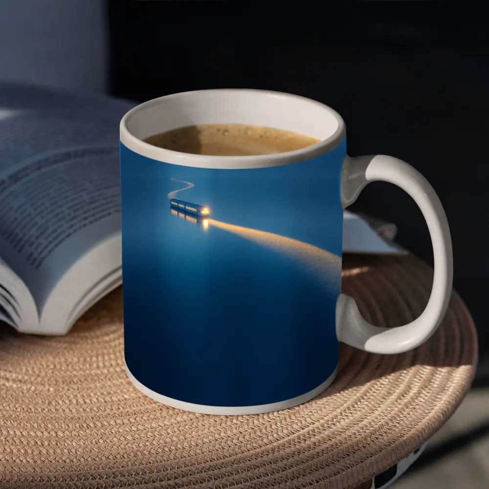 Surreal Train Crossing Calm Blue Water – Mugs