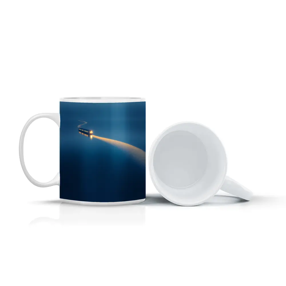 Surreal Train Crossing Calm Blue Water – Mugs
