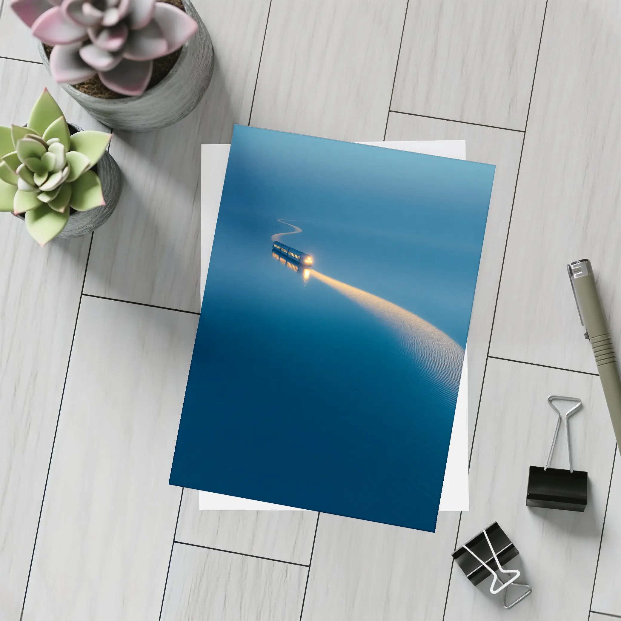 Surreal Train Crossing Calm Blue Water – Postcards