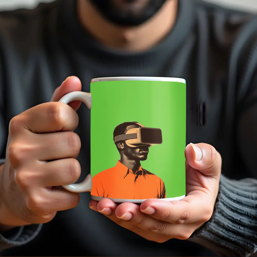Man Wearing VR Headset Green Background – Mugs