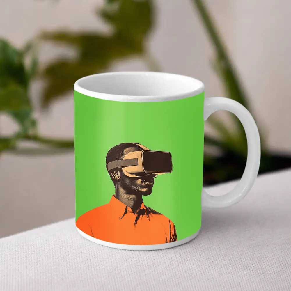 Man Wearing VR Headset Green Background – Mugs