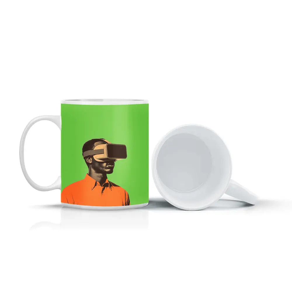 Man Wearing VR Headset Green Background – Mugs