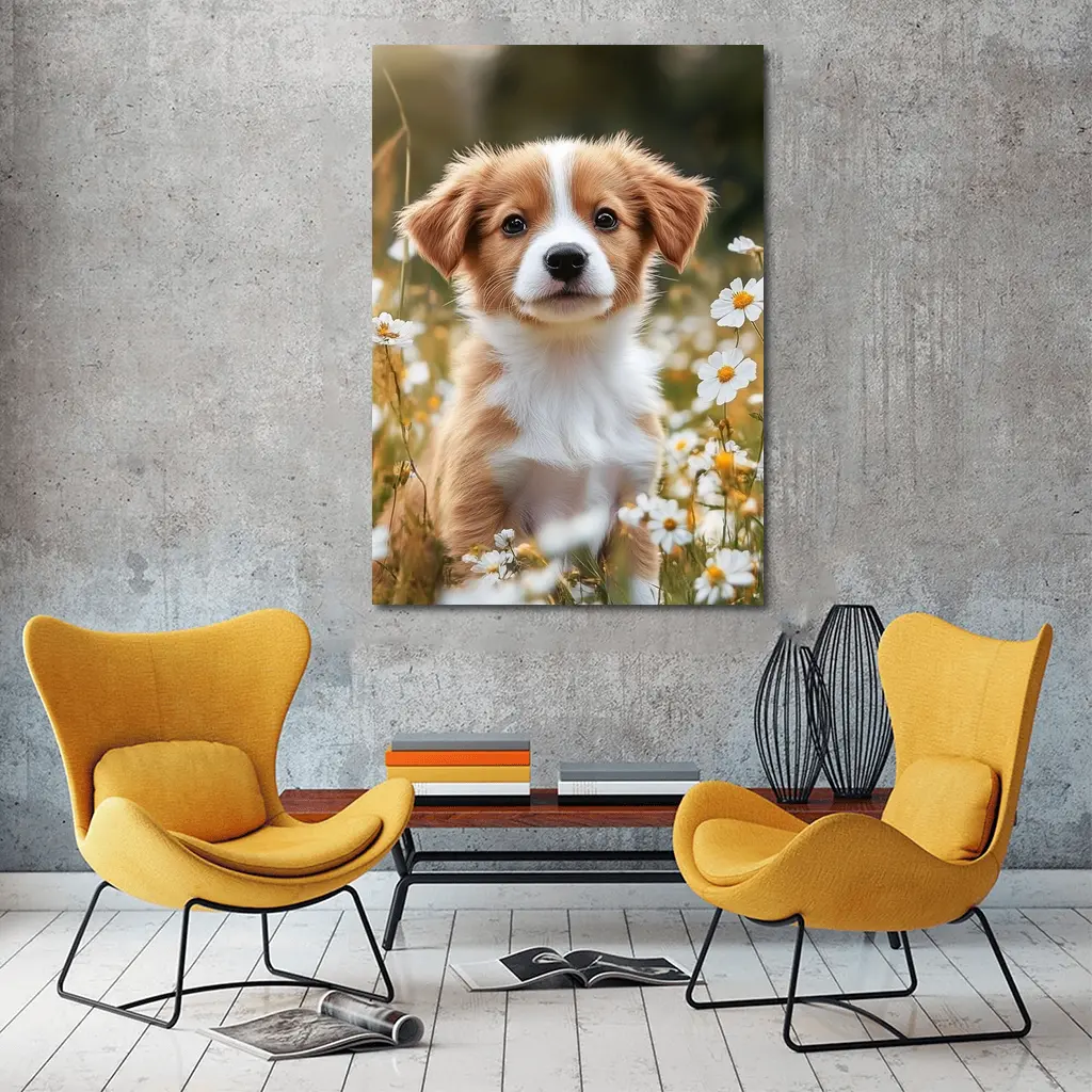 Cute Puppy Sitting Among White Daisies – Wall Art