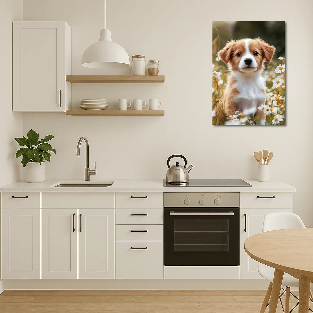 Cute Puppy Sitting Among White Daisies – Wall Art