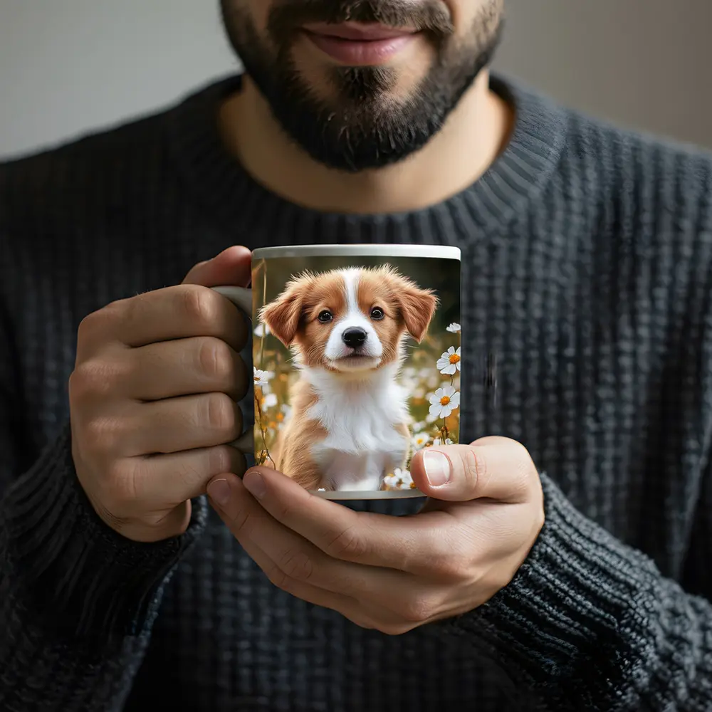 Cute Puppy Sitting Among White Daisies – Mugs
