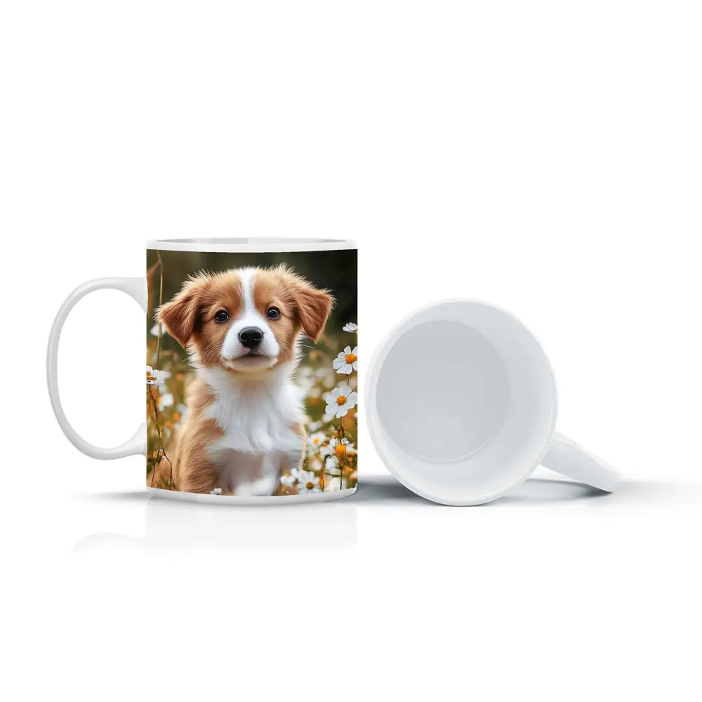 Cute Puppy Sitting Among White Daisies – Mugs