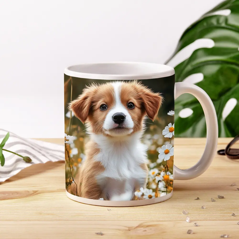 Cute Puppy Sitting Among White Daisies – Mugs