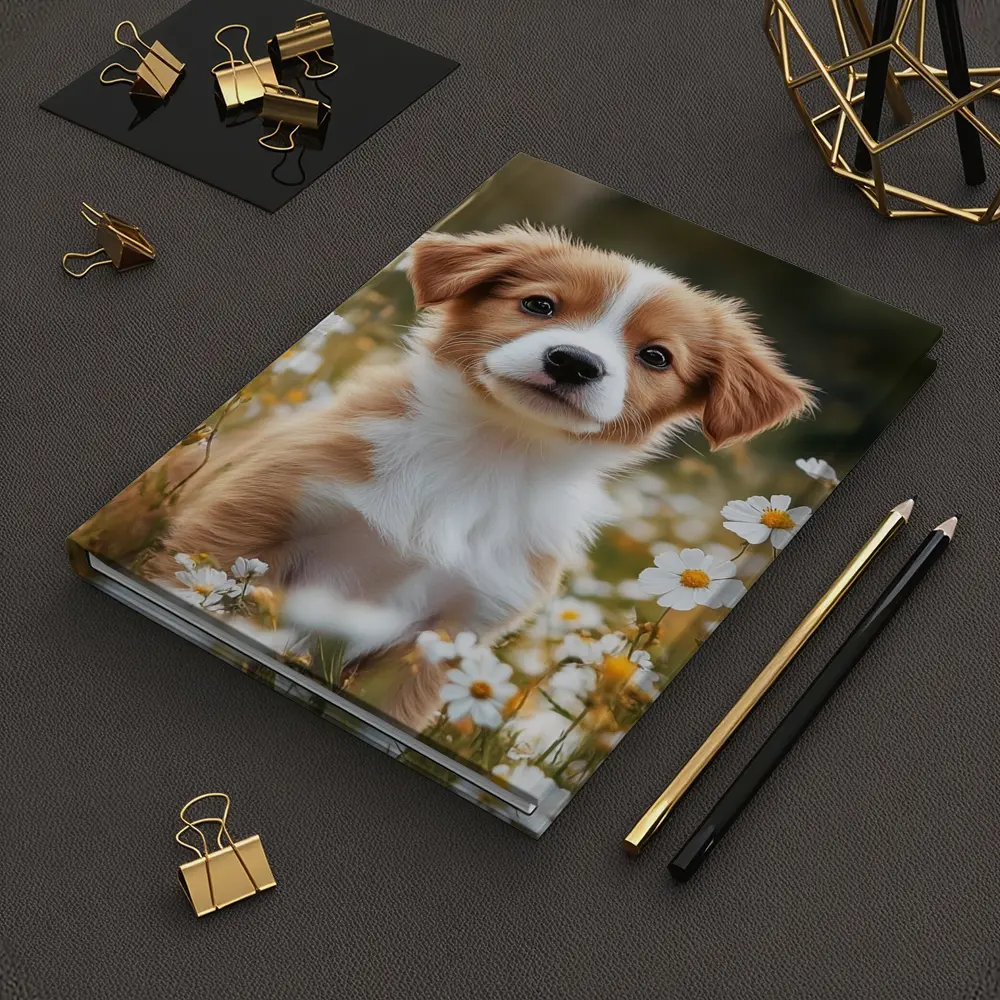 Cute Puppy Sitting Among White Daisies – Notebooks
