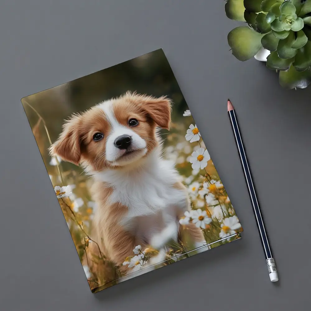 Cute Puppy Sitting Among White Daisies – Notebooks