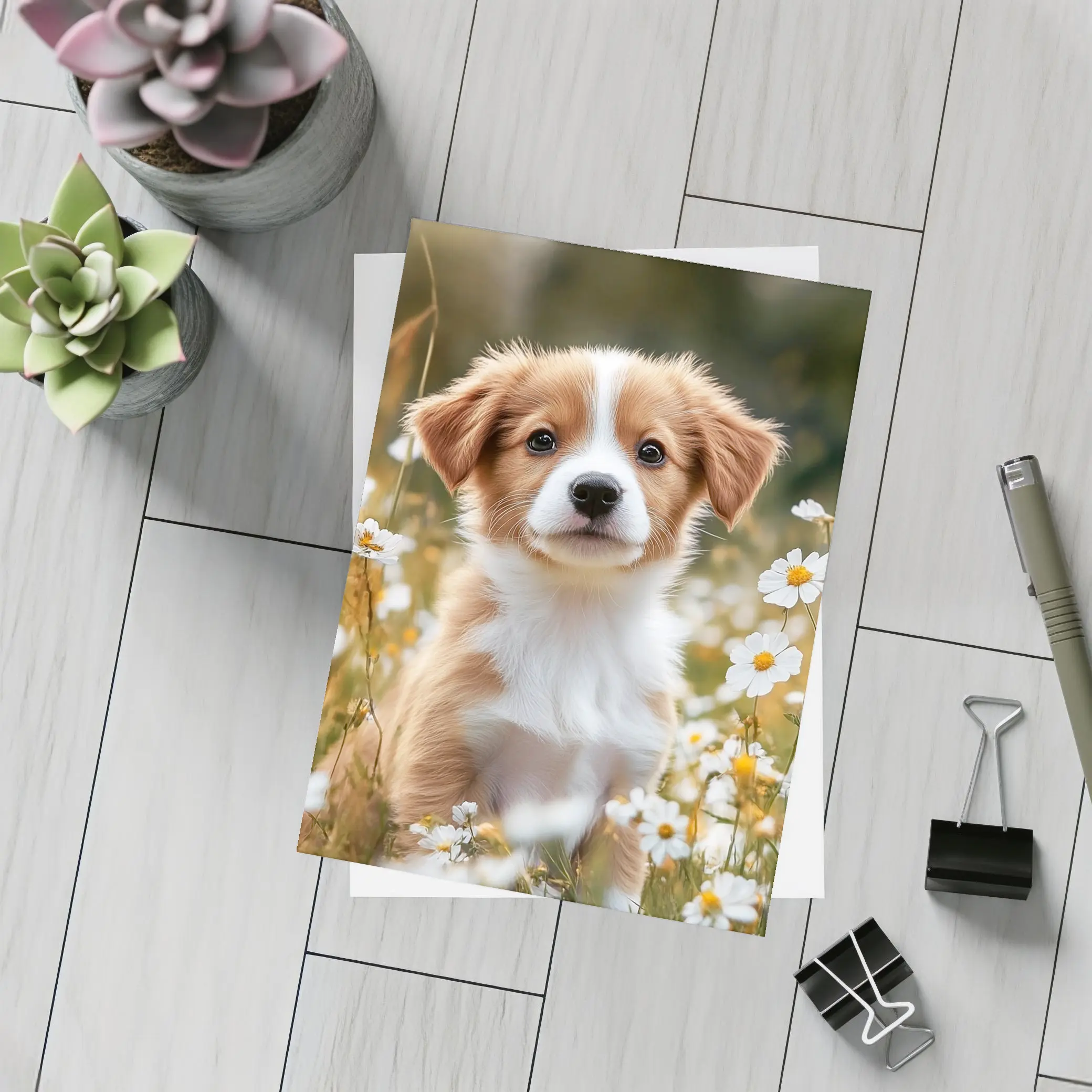 Cute Puppy Sitting Among White Daisies – Postcards