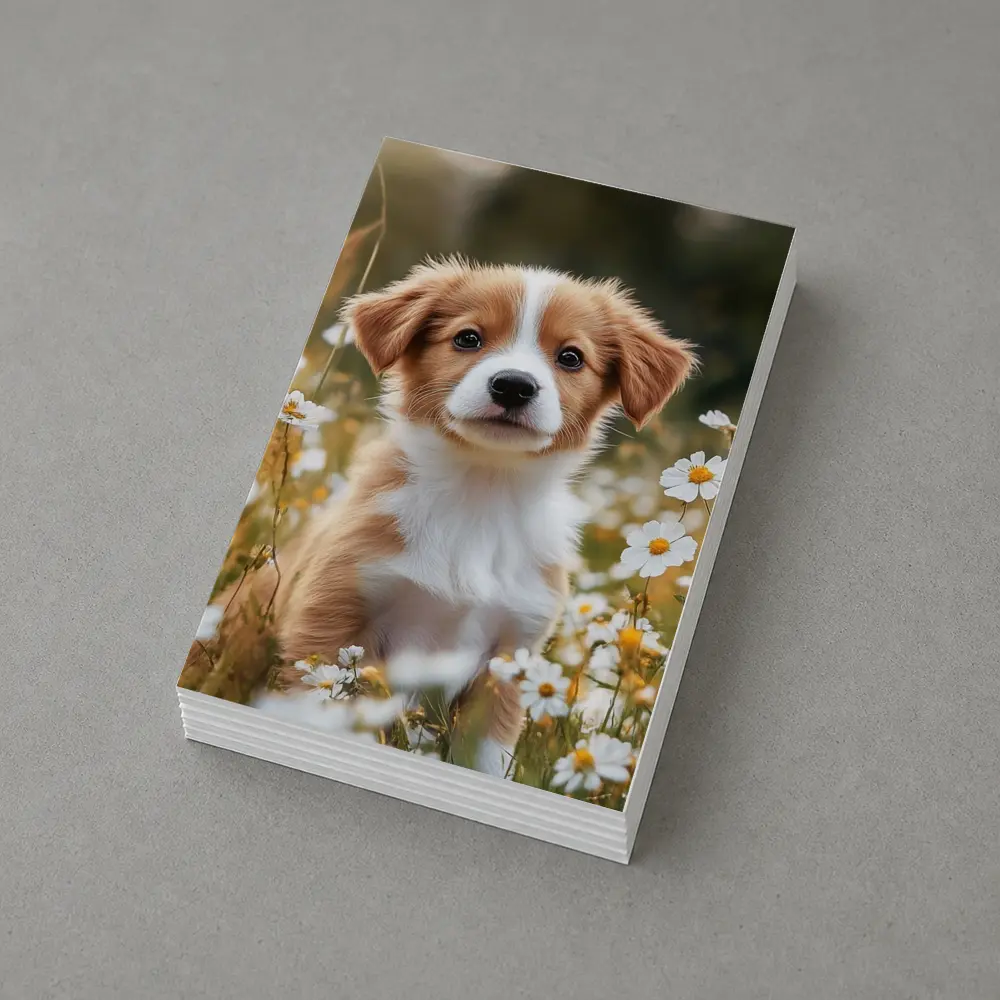 Cute Puppy Sitting Among White Daisies – Postcards