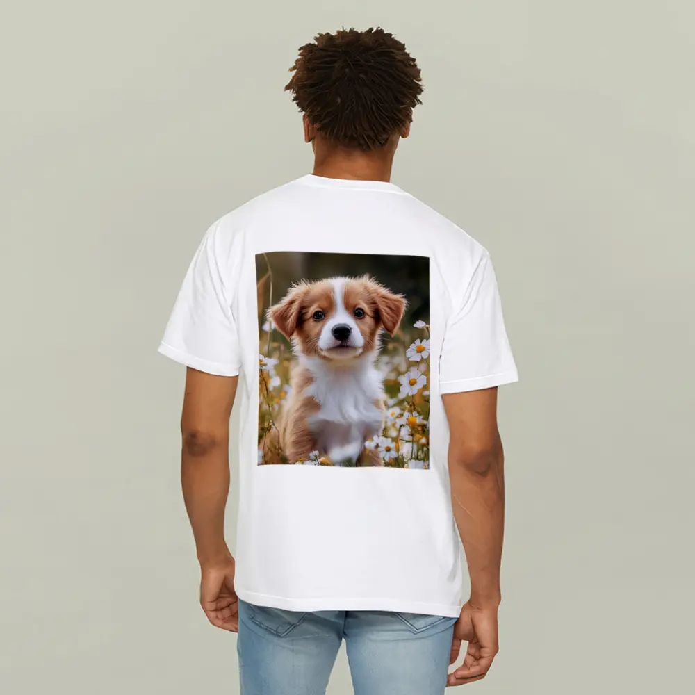 Cute Puppy Sitting Among White Daisies – T-Shirts