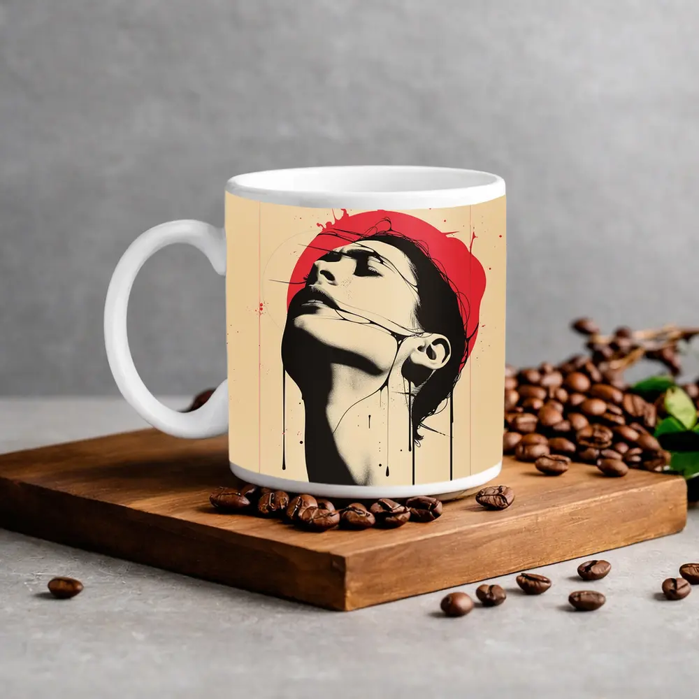 Woman Head Tilted Back Red Circle Art – Mugs