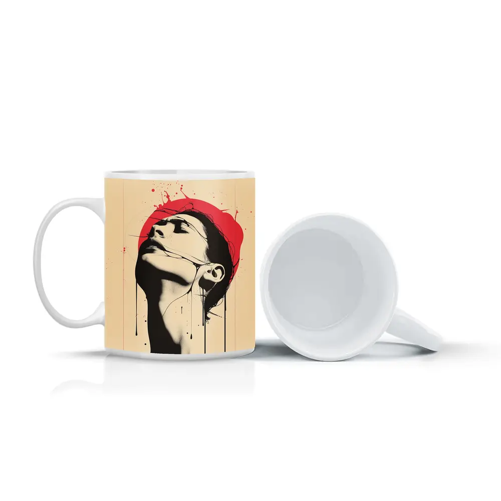 Woman Head Tilted Back Red Circle Art – Mugs