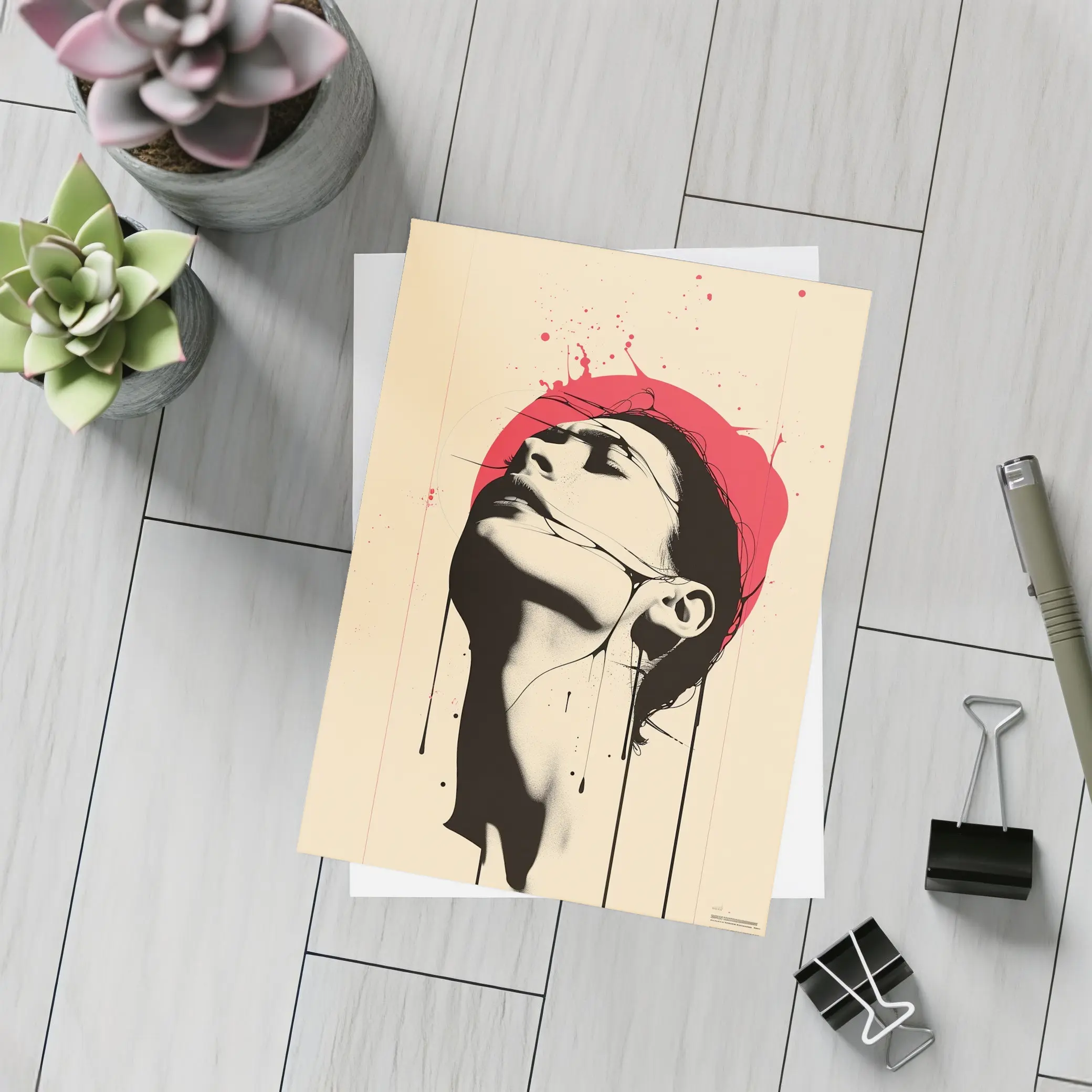 Woman Head Tilted Back Red Circle Art – Postcards