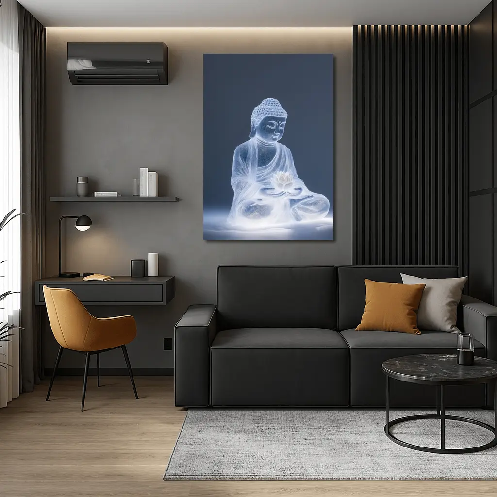 Glowing Buddha Lotus Meditation Gray Background – Wall Art