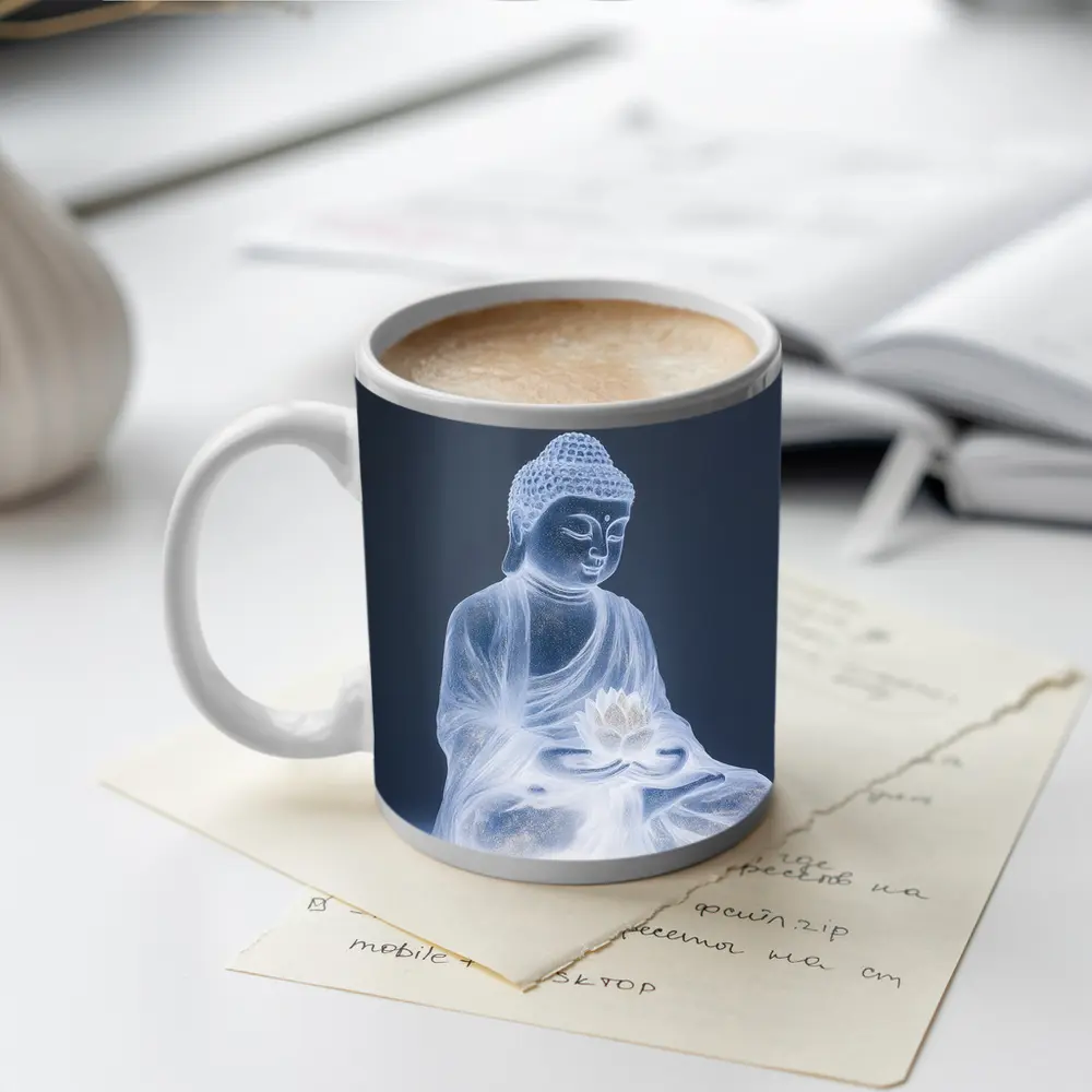 Glowing Buddha Lotus Meditation Gray Background – Mugs